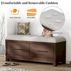 Banc à chaussures 43" avec coussin amovible et rangement à couvercle relevable, banc d'entrée en bois pour bout de lit, espace de rangement caché