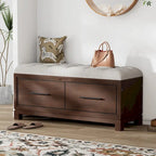 Banc à chaussures 43" avec coussin amovible et rangement à couvercle relevable, banc d'entrée en bois pour bout de lit, espace de rangement caché