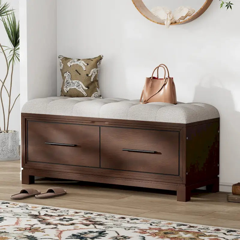 Banc à chaussures 43" avec coussin amovible et rangement à couvercle relevable, banc d'entrée en bois pour bout de lit, espace de rangement caché