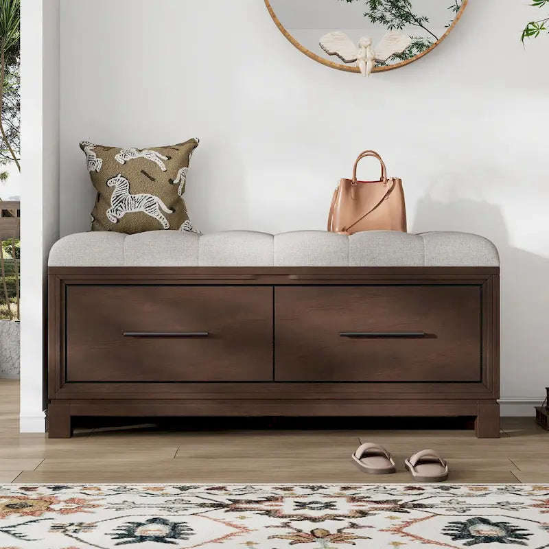 Banc à chaussures 43" avec coussin amovible et rangement à couvercle relevable, banc d'entrée en bois pour bout de lit, espace de rangement caché