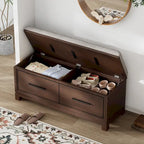 Banc à chaussures 43" avec coussin amovible et rangement à couvercle relevable, banc d'entrée en bois pour bout de lit, espace de rangement caché