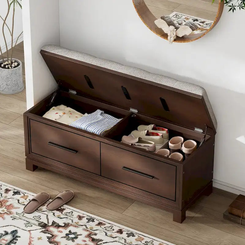 Banc à chaussures 43" avec coussin amovible et rangement à couvercle relevable, banc d'entrée en bois pour bout de lit, espace de rangement caché