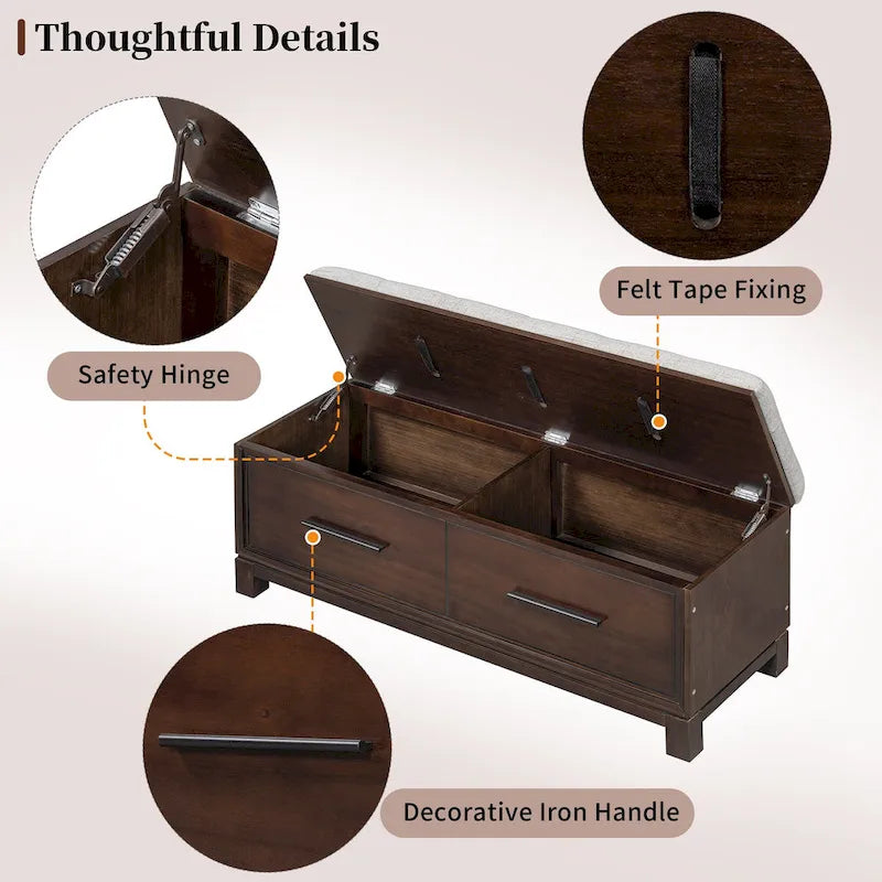 Banc à chaussures 43" avec coussin amovible et rangement à couvercle relevable, banc d'entrée en bois pour bout de lit, espace de rangement caché