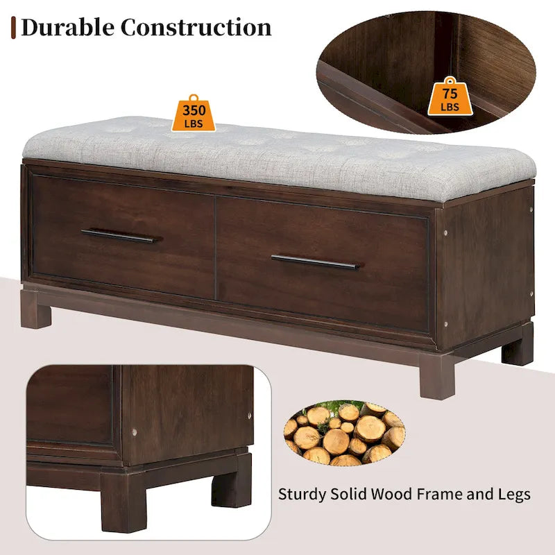 Banc à chaussures 43" avec coussin amovible et rangement à couvercle relevable, banc d'entrée en bois pour bout de lit, espace de rangement caché