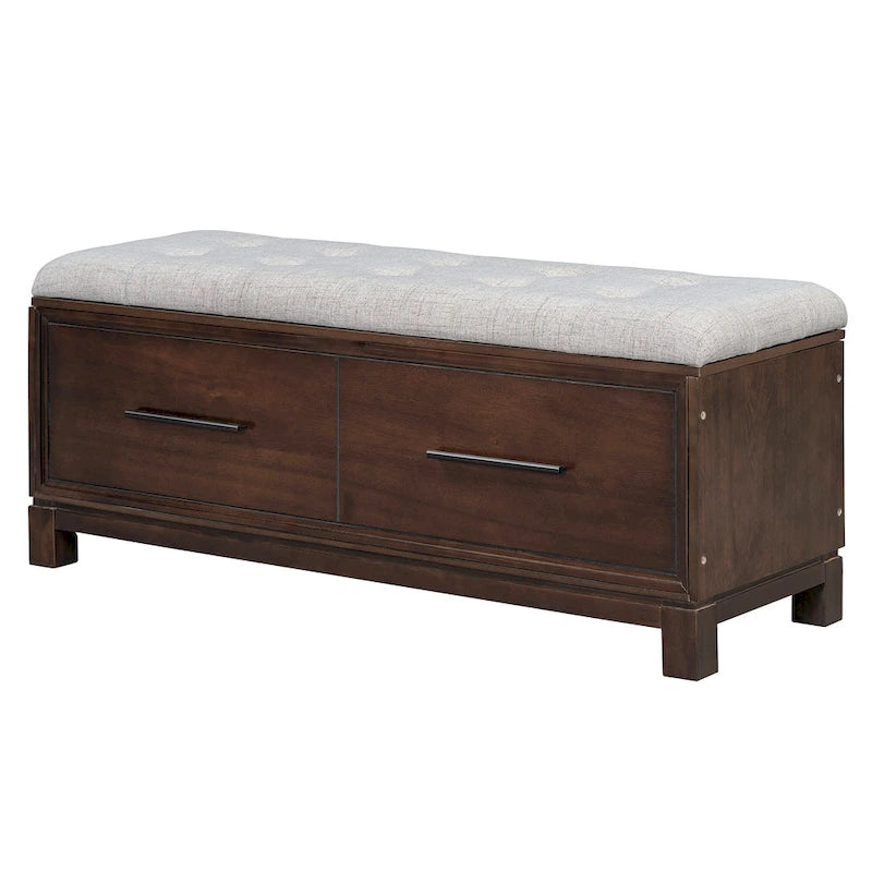 Banc à chaussures 43" avec coussin amovible et rangement à couvercle relevable, banc d'entrée en bois pour bout de lit, espace de rangement caché