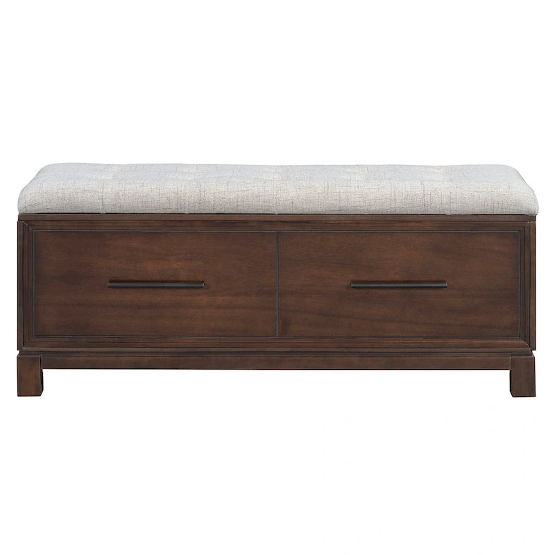 Banc à chaussures 43" avec coussin amovible et rangement à couvercle relevable, banc d'entrée en bois pour bout de lit, espace de rangement caché