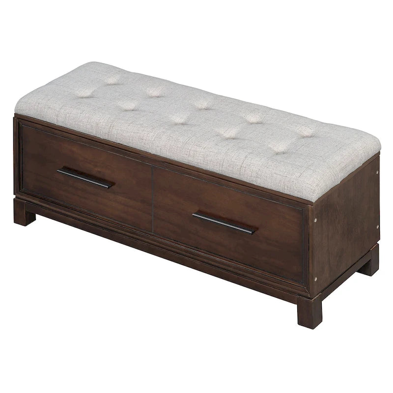 Banc à chaussures 43" avec coussin amovible et rangement à couvercle relevable, banc d'entrée en bois pour bout de lit, espace de rangement caché