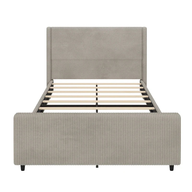 Lit plateforme grand format en velours côtelé taupe avec tête de lit capitonnée