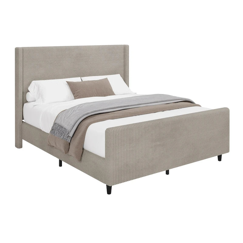 Lit plateforme grand format en velours côtelé taupe avec tête de lit capitonnée