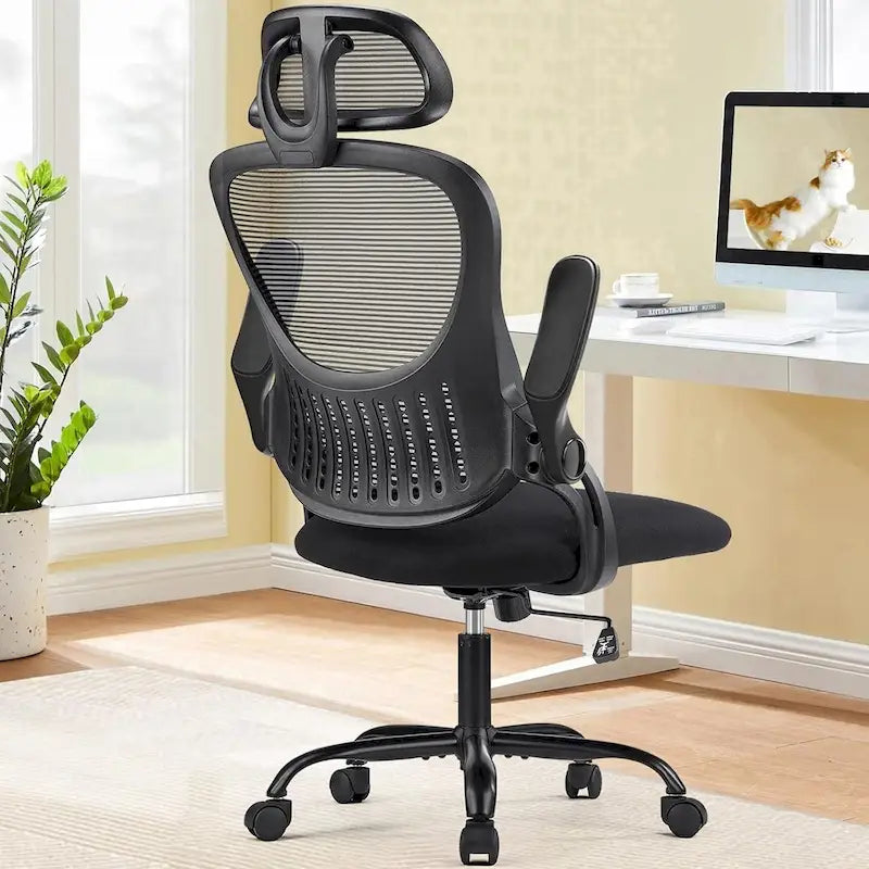 Chaise de bureau ergonomique à dossier haut en maille avec roulettes et appuis-tête réglables, accoudoirs relevables confortables