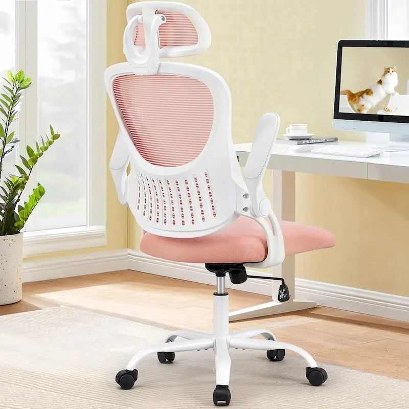 Chaise de bureau ergonomique à dossier haut en maille avec roulettes et appuis-tête réglables, accoudoirs relevables confortables