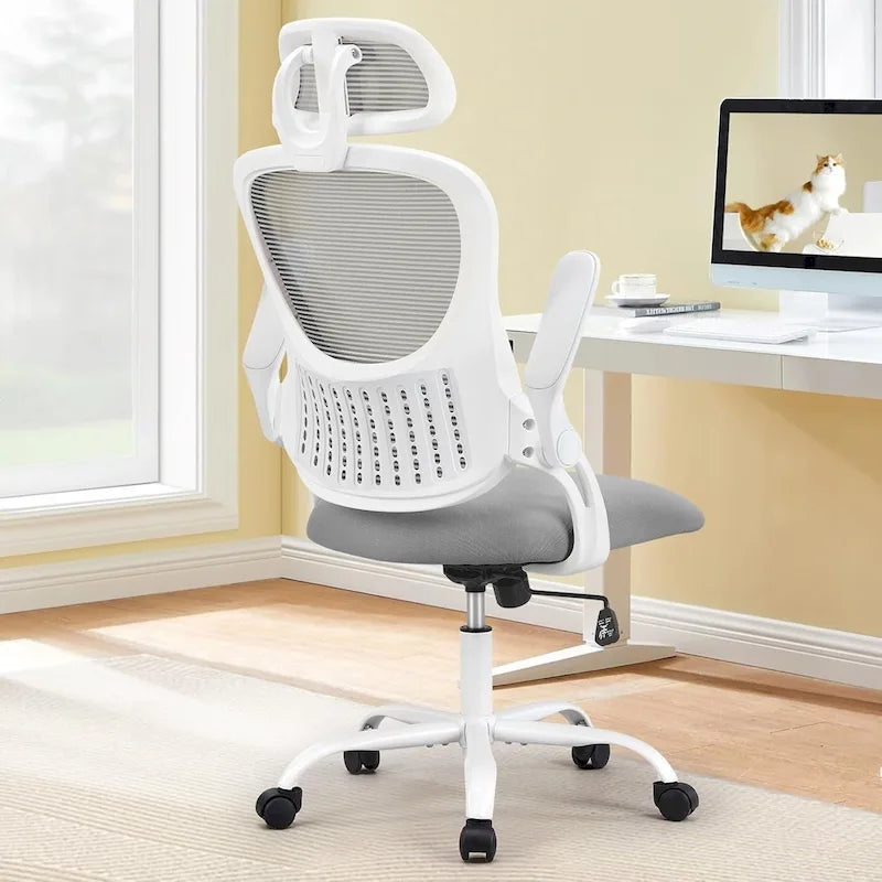 Chaise de bureau ergonomique à dossier haut en maille avec roulettes et appuis-tête réglables, accoudoirs relevables confortables