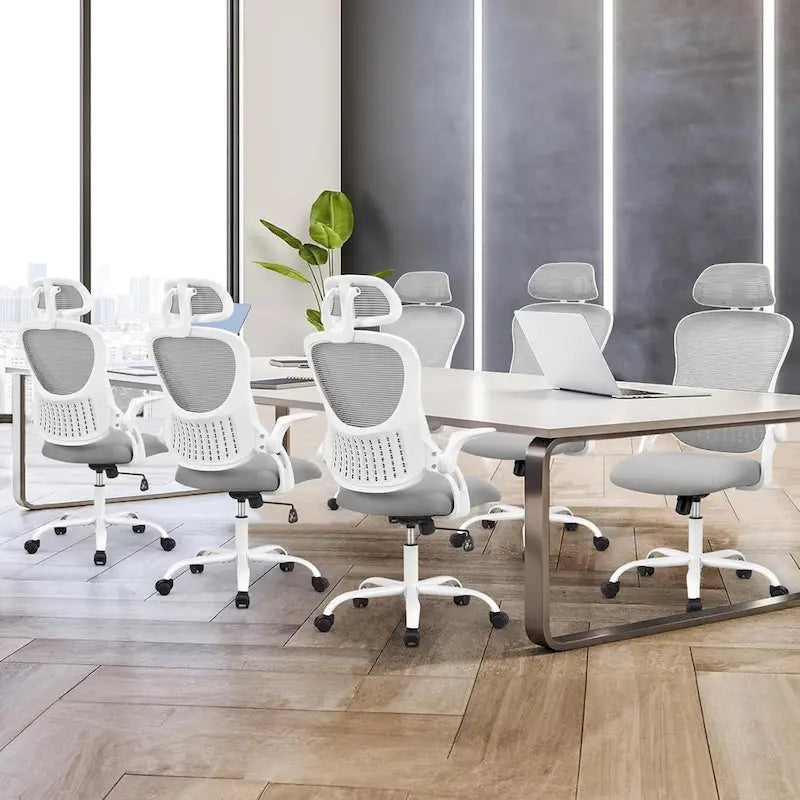 Chaise de bureau ergonomique à dossier haut en maille avec roulettes et appuis-tête réglables, accoudoirs relevables confortables