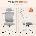 Chaise de bureau ergonomique à dossier haut en maille avec roulettes et appuis-tête réglables, accoudoirs relevables confortables