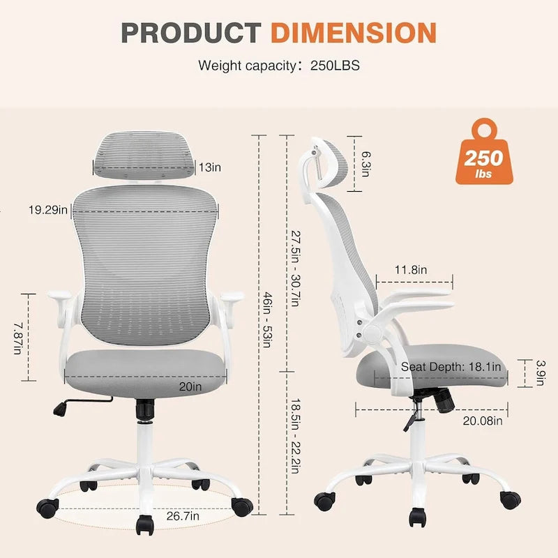 Chaise de bureau ergonomique à dossier haut en maille avec roulettes et appuis-tête réglables, accoudoirs relevables confortables
