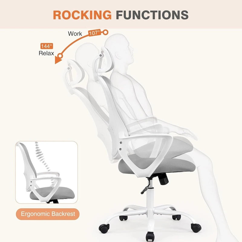 Chaise de bureau ergonomique à dossier haut en maille avec roulettes et appuis-tête réglables, accoudoirs relevables confortables