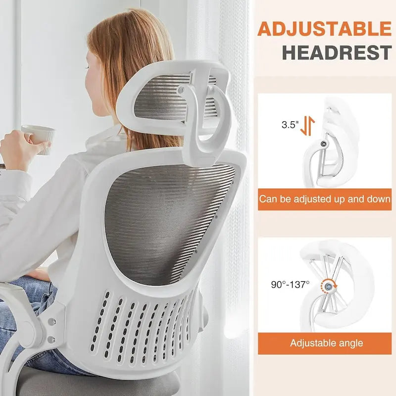 Chaise de bureau ergonomique à dossier haut en maille avec roulettes et appuis-tête réglables, accoudoirs relevables confortables