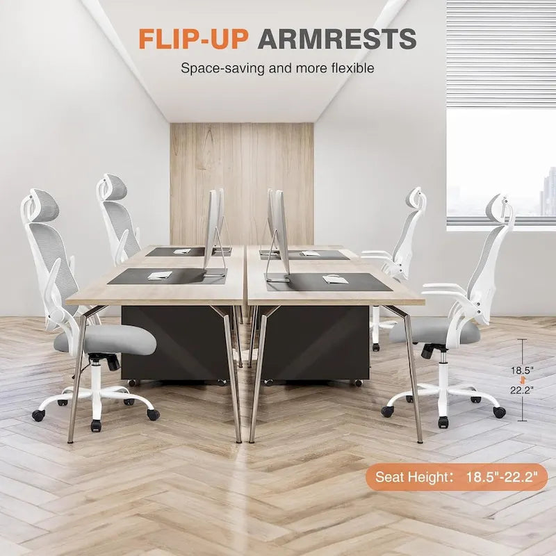 Chaise de bureau ergonomique à dossier haut en maille avec roulettes et appuis-tête réglables, accoudoirs relevables confortables