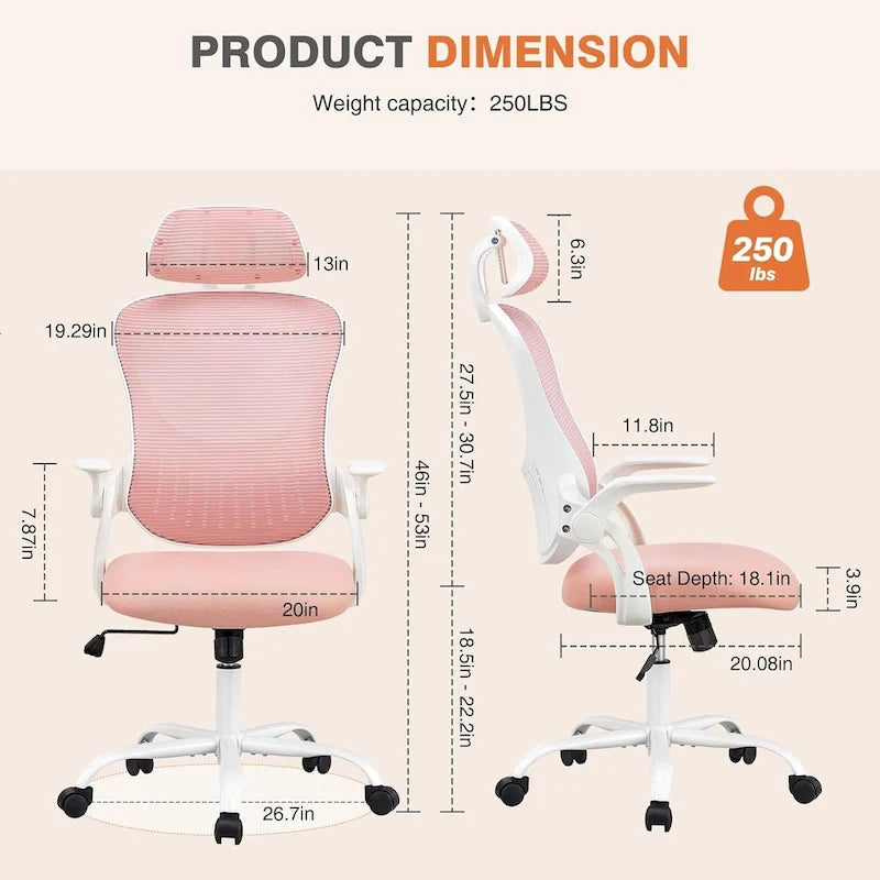 Chaise de bureau ergonomique à dossier haut en maille avec roulettes et appuis-tête réglables, accoudoirs relevables confortables