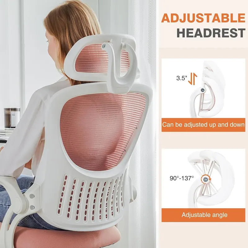 Chaise de bureau ergonomique à dossier haut en maille avec roulettes et appuis-tête réglables, accoudoirs relevables confortables