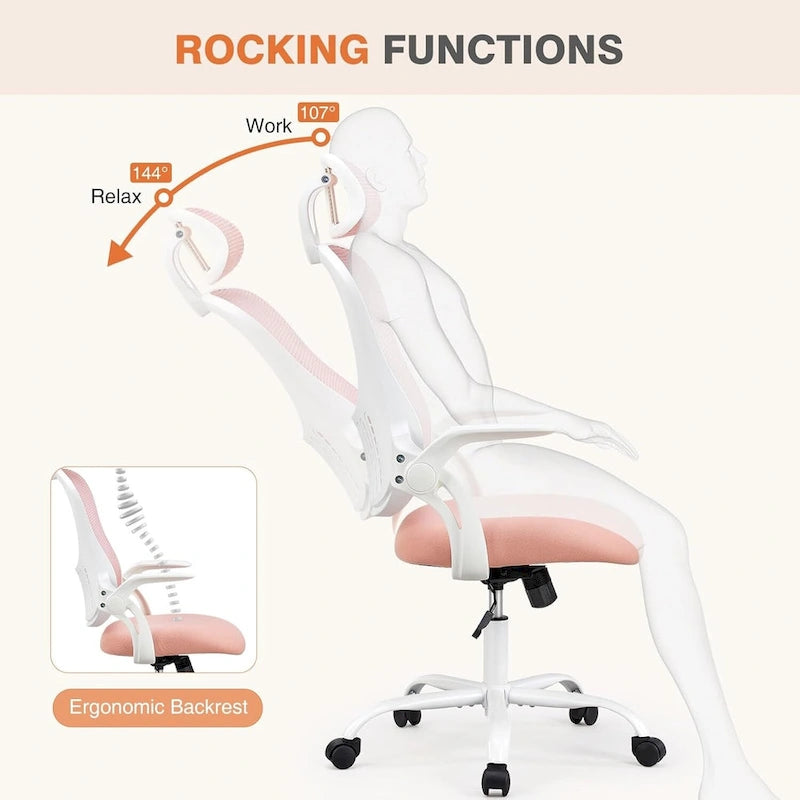 Chaise de bureau ergonomique à dossier haut en maille avec roulettes et appuis-tête réglables, accoudoirs relevables confortables