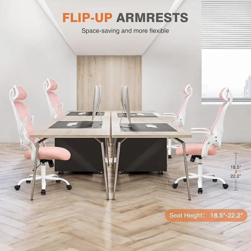 Chaise de bureau ergonomique à dossier haut en maille avec roulettes et appuis-tête réglables, accoudoirs relevables confortables
