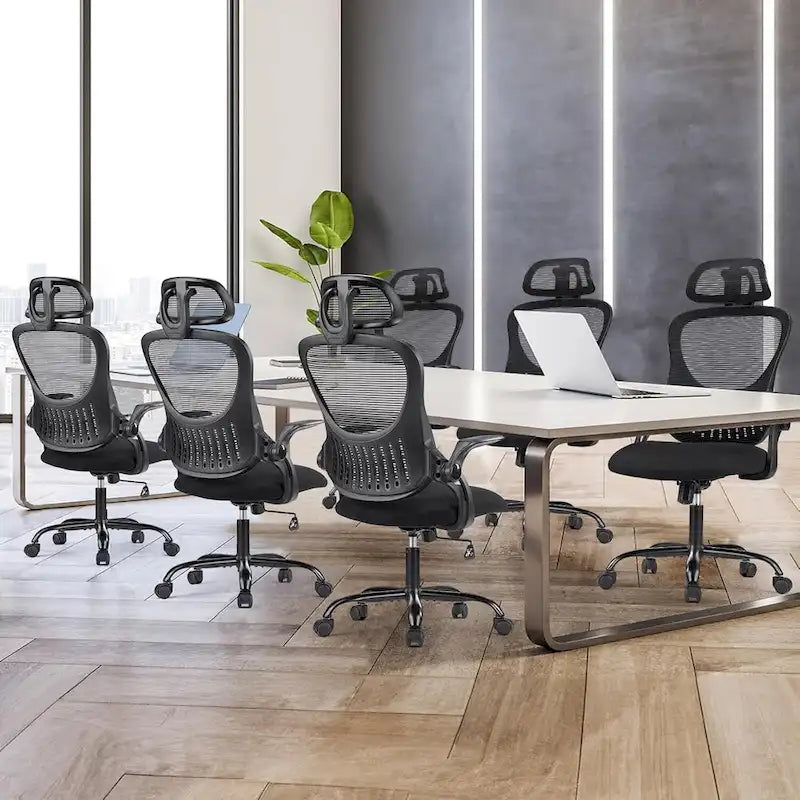 Chaise de bureau ergonomique à dossier haut en maille avec roulettes et appuis-tête réglables, accoudoirs relevables confortables