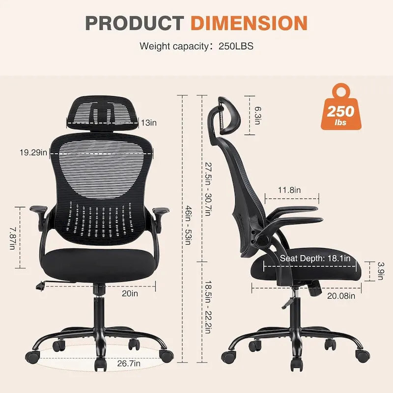 Chaise de bureau ergonomique à dossier haut en maille avec roulettes et appuis-tête réglables, accoudoirs relevables confortables