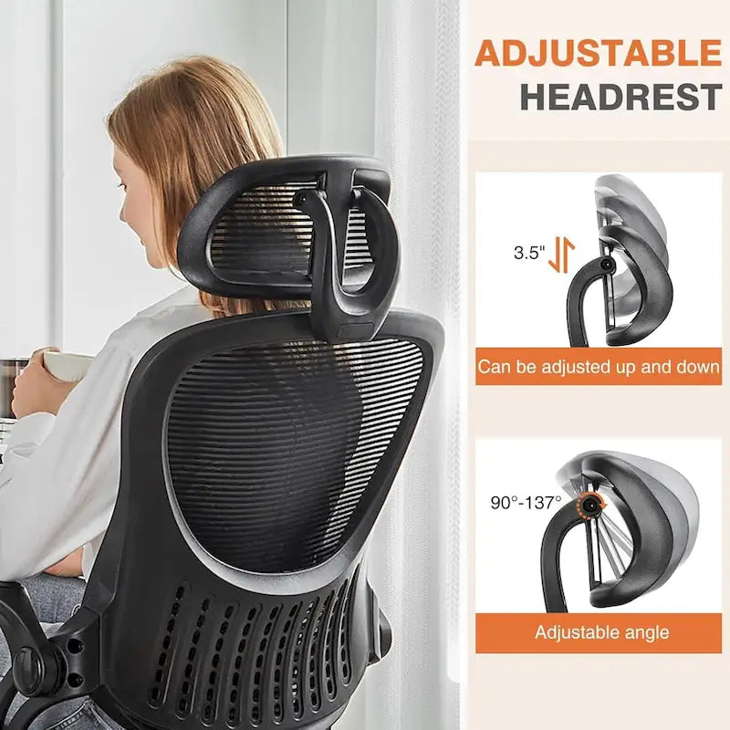 Chaise de bureau ergonomique à dossier haut en maille avec roulettes et appuis-tête réglables, accoudoirs relevables confortables