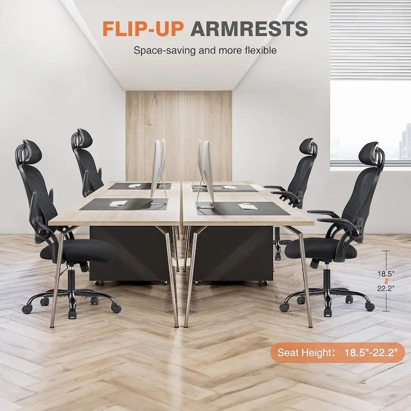 Chaise de bureau ergonomique à dossier haut en maille avec roulettes et appuis-tête réglables, accoudoirs relevables confortables