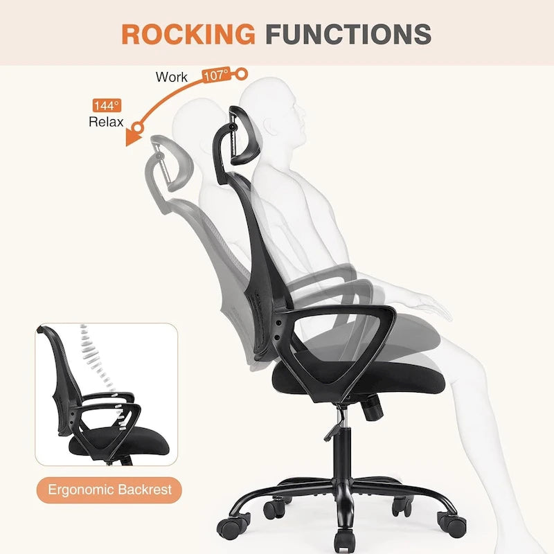 Chaise de bureau ergonomique à dossier haut en maille avec roulettes et appuis-tête réglables, accoudoirs relevables confortables