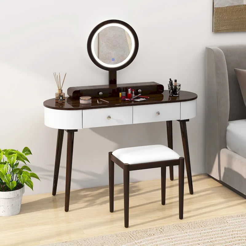 Costway Ensemble Coiffeuse en Bois Massif avec Miroir LED