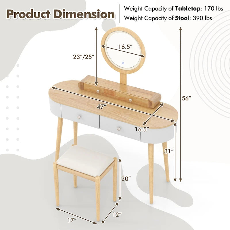 Costway Ensemble Coiffeuse en Bois Massif avec Miroir LED