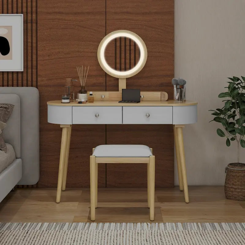 Costway Ensemble Coiffeuse en Bois Massif avec Miroir LED