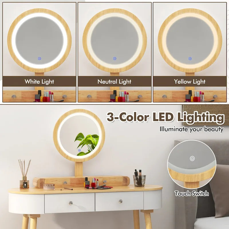Costway Ensemble Coiffeuse en Bois Massif avec Miroir LED