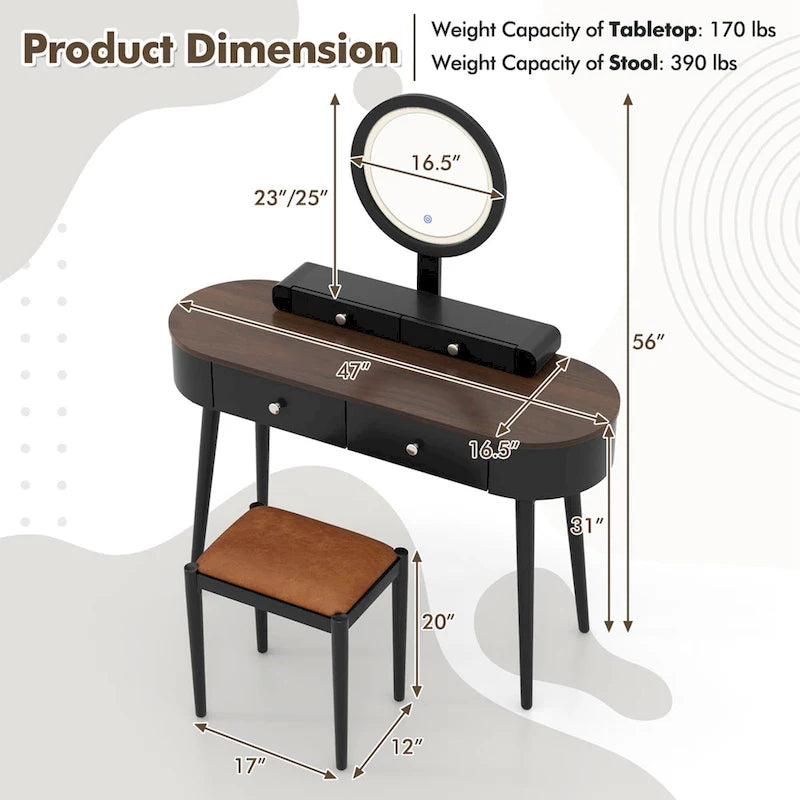 Costway Ensemble Coiffeuse en Bois Massif avec Miroir LED
