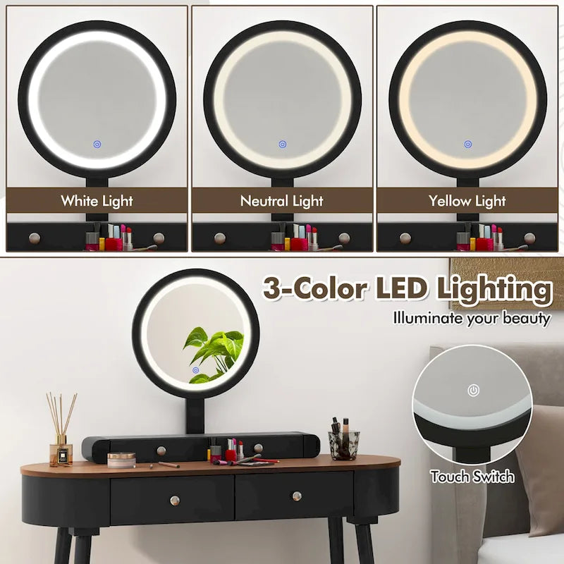 Costway Ensemble Coiffeuse en Bois Massif avec Miroir LED