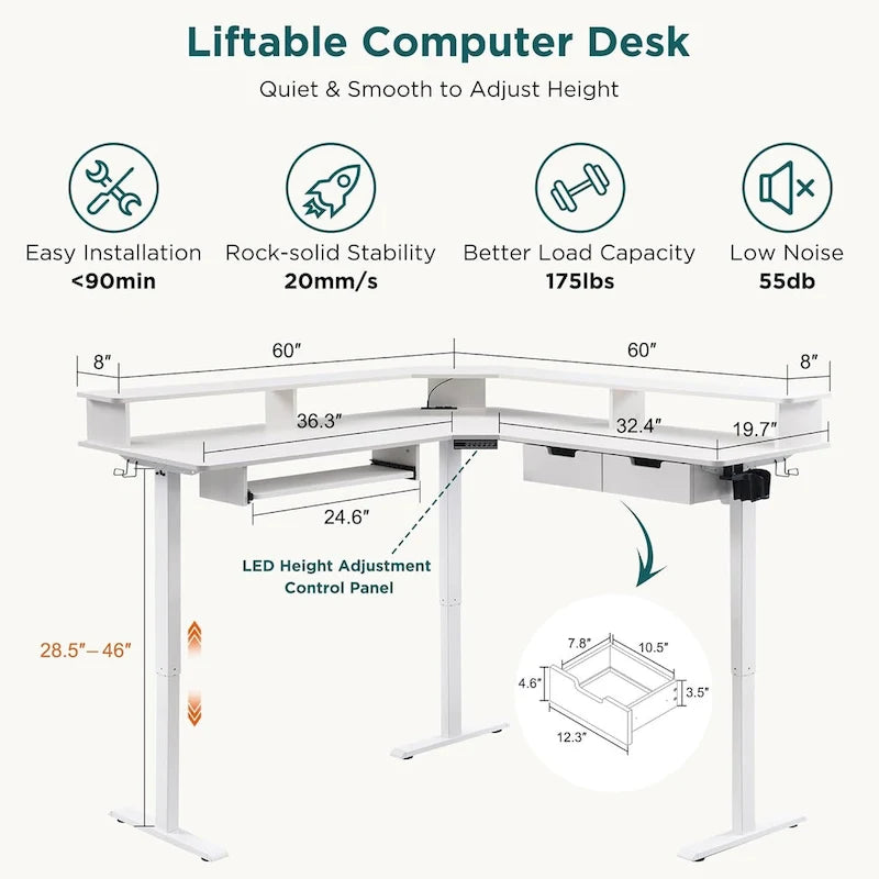 Bureau d'ordinateur électrique en L de 60 po, bureau de jeu réglable en hauteur