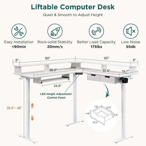 Bureau d'ordinateur électrique en L de 60 po, bureau de jeu réglable en hauteur