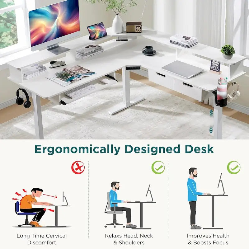 Bureau d'ordinateur électrique en L de 60 po, bureau de jeu réglable en hauteur