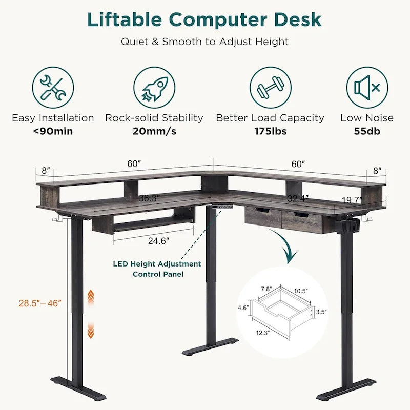 Bureau d'ordinateur électrique en L de 60 po, bureau de jeu réglable en hauteur