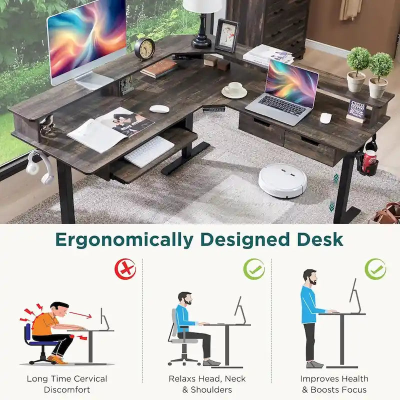 Bureau d'ordinateur électrique en L de 60 po, bureau de jeu réglable en hauteur