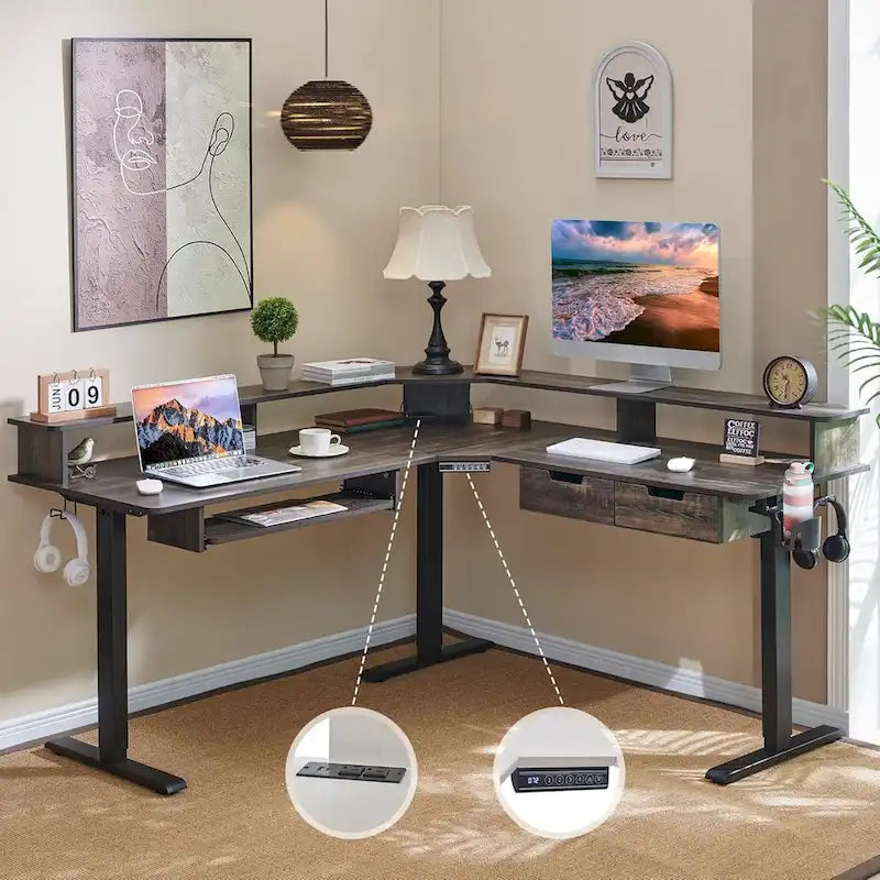 Bureau d'ordinateur électrique en L de 60 po, bureau de jeu réglable en hauteur
