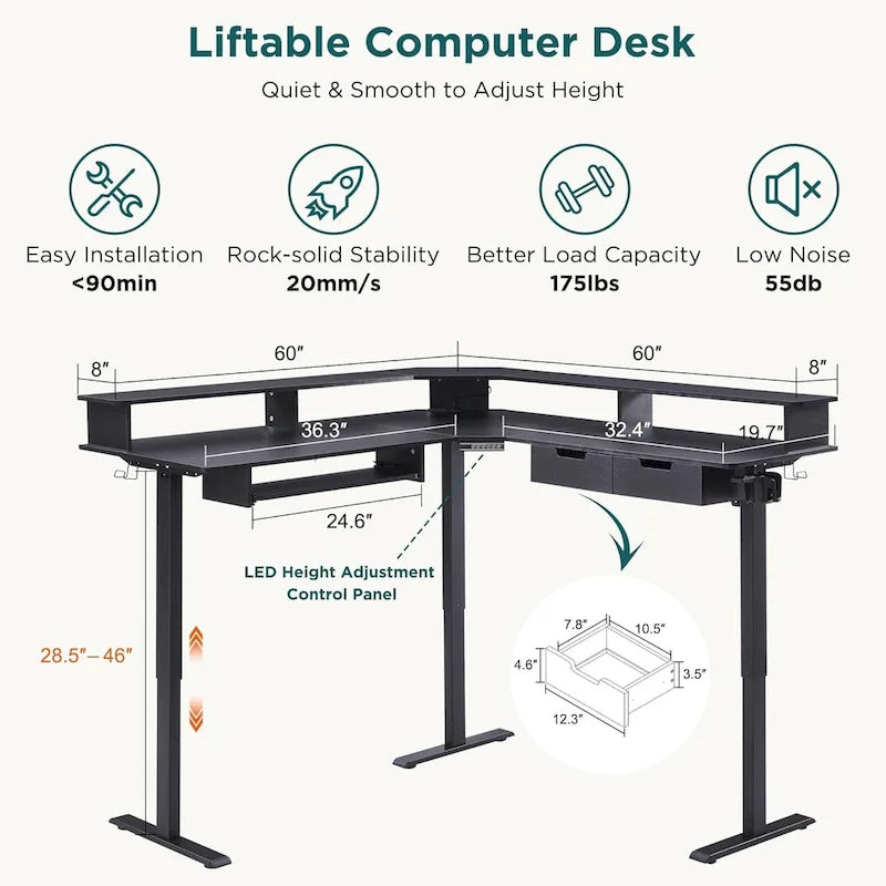 Bureau d'ordinateur électrique en L de 60 po, bureau de jeu réglable en hauteur