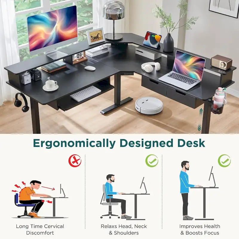 Bureau d'ordinateur électrique en L de 60 po, bureau de jeu réglable en hauteur