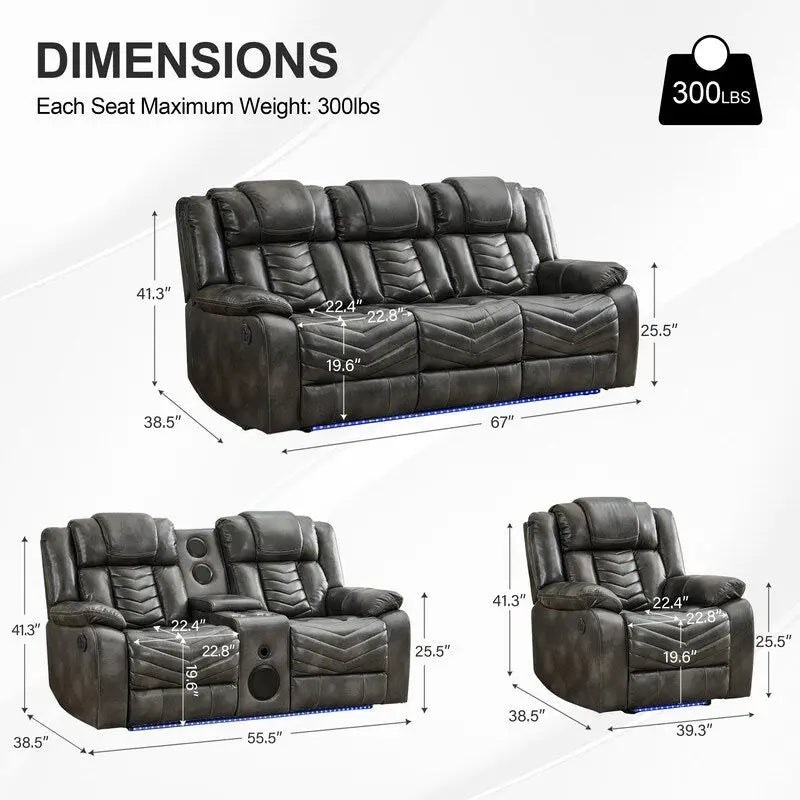 Ensemble de canapés inclinables électriques 6 places avec gravité zéro, haut-parleur de basses, chargeur sans fil, ports USB/Type-C, lumières LED, porte-gobelets, gris
