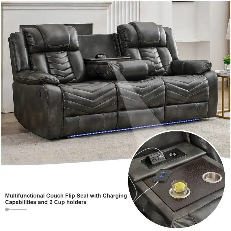 Ensemble de canapés inclinables électriques 6 places avec gravité zéro, haut-parleur de basses, chargeur sans fil, ports USB/Type-C, lumières LED, porte-gobelets, gris