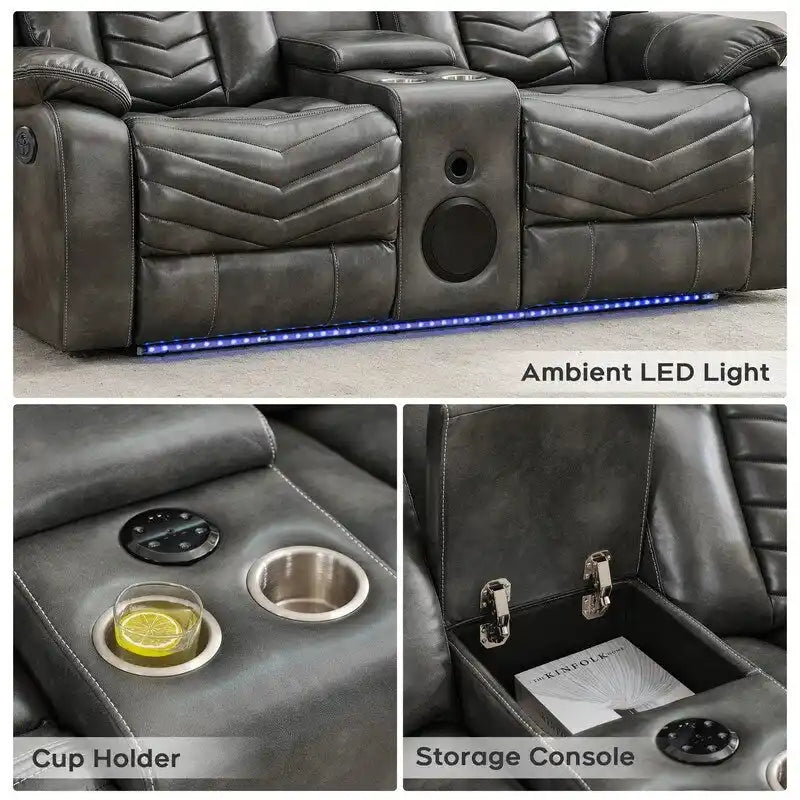 Ensemble de canapés inclinables électriques 6 places avec gravité zéro, haut-parleur de basses, chargeur sans fil, ports USB/Type-C, lumières LED, porte-gobelets, gris