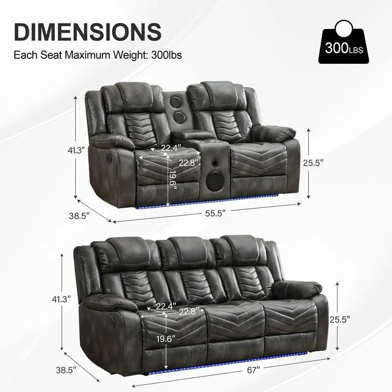 Ensemble de canapés inclinables électriques 6 places avec gravité zéro, haut-parleur de basses, chargeur sans fil, ports USB/Type-C, lumières LED, porte-gobelets, gris