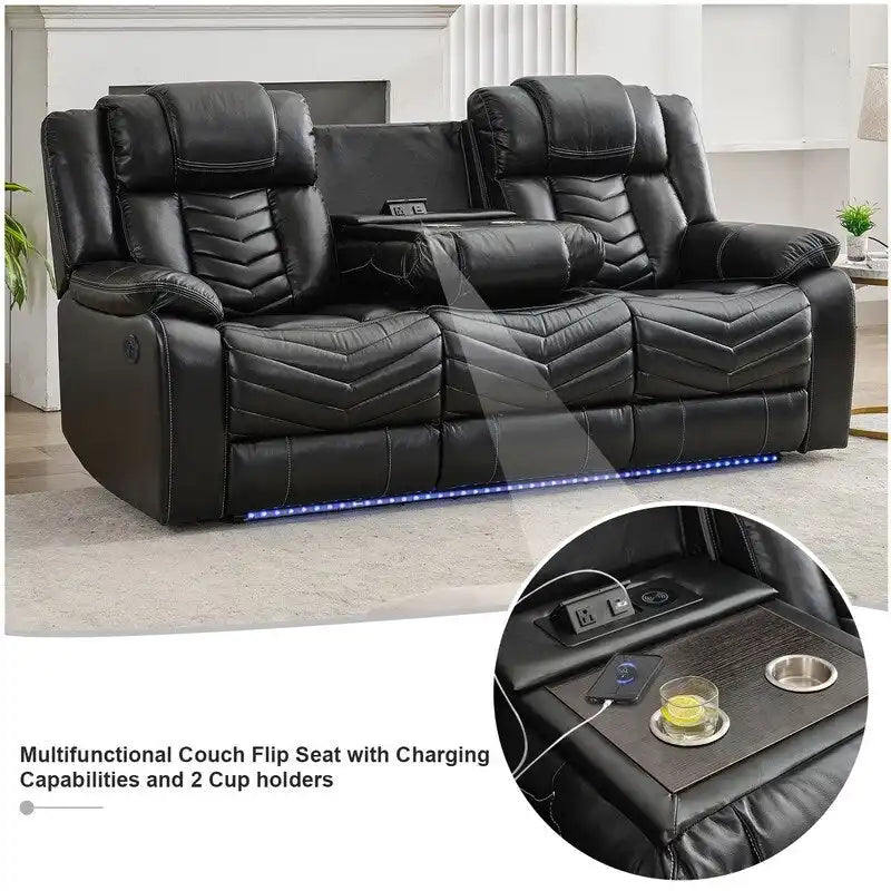 Ensemble de canapés inclinables électriques 6 places avec gravité zéro, haut-parleur de basses, chargeur sans fil, ports USB/Type-C, lumières LED, porte-gobelets, gris